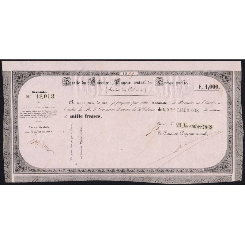 Nouvelle Calédonie - Kolsky non réf. - Seconde traite de 1'000 francs - 1869 - Etat : SUP