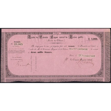 Nouvelle Calédonie - Kolsky non réf. - Seconde traite de 2'000 francs - 1869 - Etat : TTB+