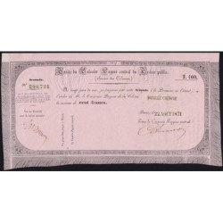 Nouvelle Calédonie - Kolsky non réf. - Seconde traite de 100 francs - 1871 - Etat : SUP+