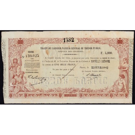 Nouvelle Calédonie - Sidney - Kolsky non réf. - Seconde traite de 5'000 francs - 1882 - Etat : TTB