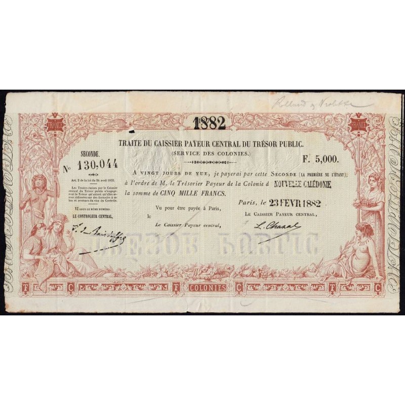 Nouvelle Calédonie - Sidney - Kolsky non réf. - Seconde traite de 5'000 francs - 1882 - Etat : TB+