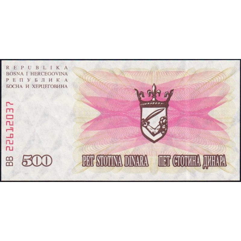 Bosnie-Herzégovine - Pick 14 - 500 dinara - Série BB - 01/07/1992 - Etat : NEUF