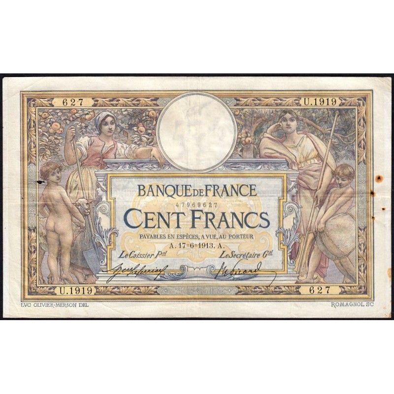 F 23-05 - 17/06/1913 - 100 francs - Merson sans LOM - Série U.1919 - Etat : TTB-