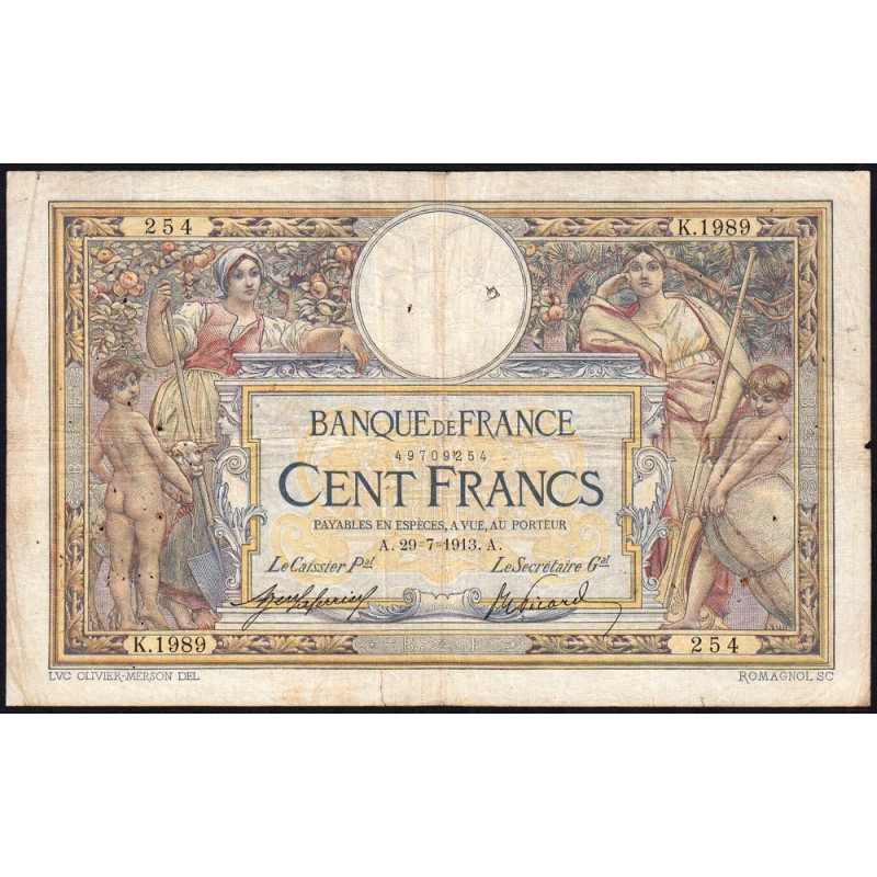 F 23-05 - 29/07/1913 - 100 francs - Merson sans LOM - Série K.1989 - Etat : TB-