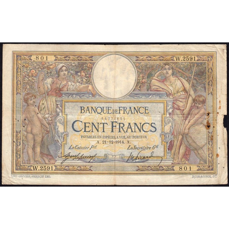 F 23-06 - 21/12/1914 - 100 francs - Merson sans LOM - Série W.2591 - Remplacement - Etat : B