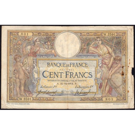 F 23-06 - 21/12/1914 - 100 francs - Merson sans LOM - Série W.2591 - Remplacement - Etat : B