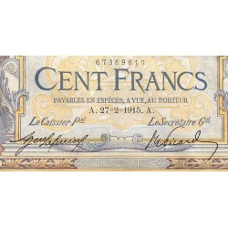 F 23-07 - 27/02/1915 - 100 francs - Merson sans LOM - Série U.2695 - Etat : TTB-