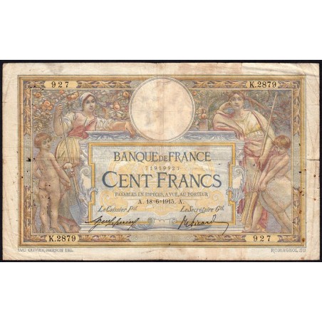 F 23-07 - 18/06/1915 - 100 francs - Merson sans LOM - Série K.2879 - Etat : B-