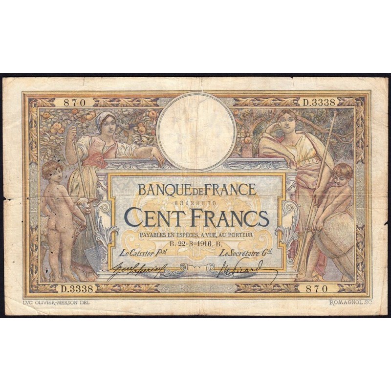 F 23-08 - 22/03/1916 - 100 francs - Merson sans LOM - Série D.3338 - Etat : B+