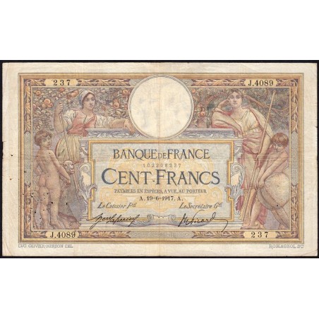 F 23-09a - 19/06/1917 - 100 francs - Merson sans LOM - Série J.4089 - Etat : TB