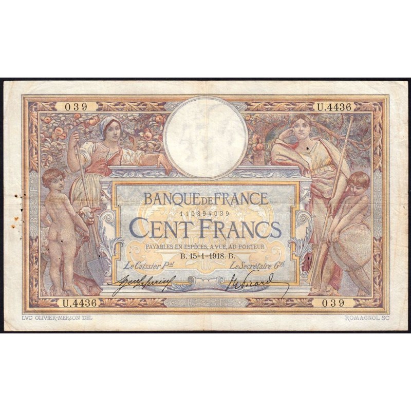 F 23-10 - 15/01/1918 - 100 francs - Merson sans LOM - Série U.4436 - Etat : TB+