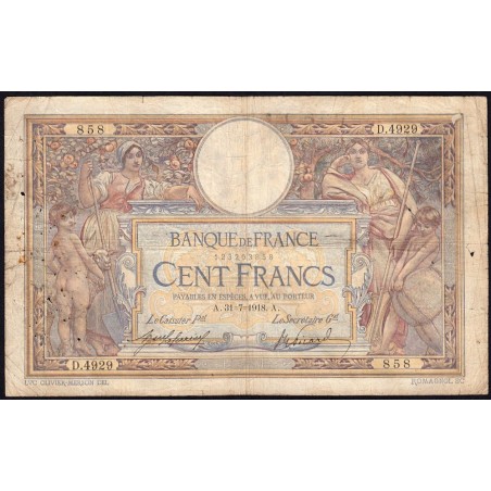 F 23-10 - 31/07/1918 - 100 francs - Merson sans LOM - Série D.4929 - Etat : B