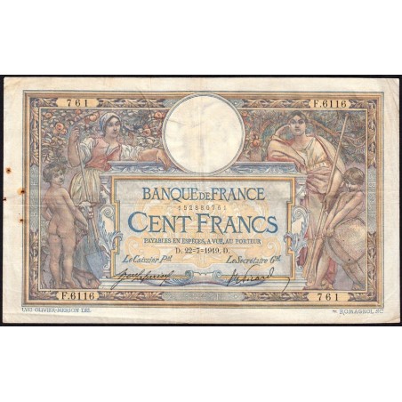 F 23-11 - 22/07/1919 - 100 francs - Merson sans LOM - Série F.6116 - Etat : TB+
