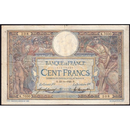 F 23-13 - 23/11/1920 - 100 francs - Merson sans LOM - Série K.7030 - Etat : TB