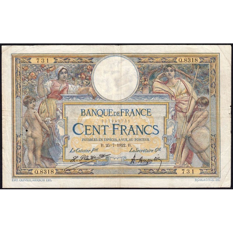 F 23-15 - 25/07/1922 - 100 francs - Merson sans LOM - Série Q.8318 - Etat : TB-