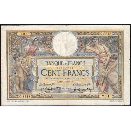 F 23-15 - 25/07/1922 - 100 francs - Merson sans LOM - Série Q.8318 - Etat : TB-