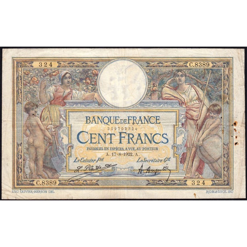 F 23-15 - 17/08/1922 - 100 francs - Merson sans LOM - Série C.8389 - Etat : TB-