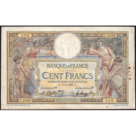 F 23-15 - 17/08/1922 - 100 francs - Merson sans LOM - Série C.8389 - Etat : TB-