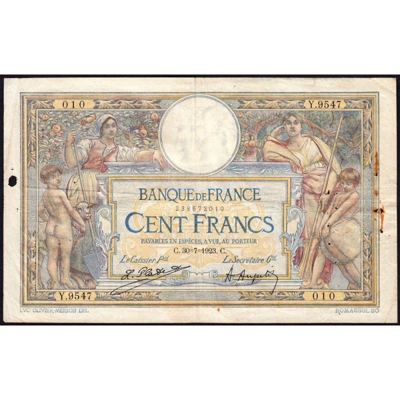 F 23-16 - 30/07/1923 - 100 francs - Merson sans LOM - Série Y.9547 - Etat : B+