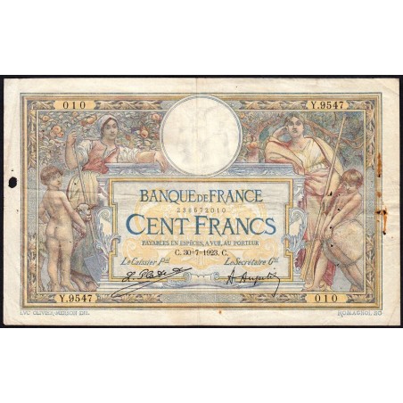 F 23-16 - 30/07/1923 - 100 francs - Merson sans LOM - Série Y.9547 - Etat : B+