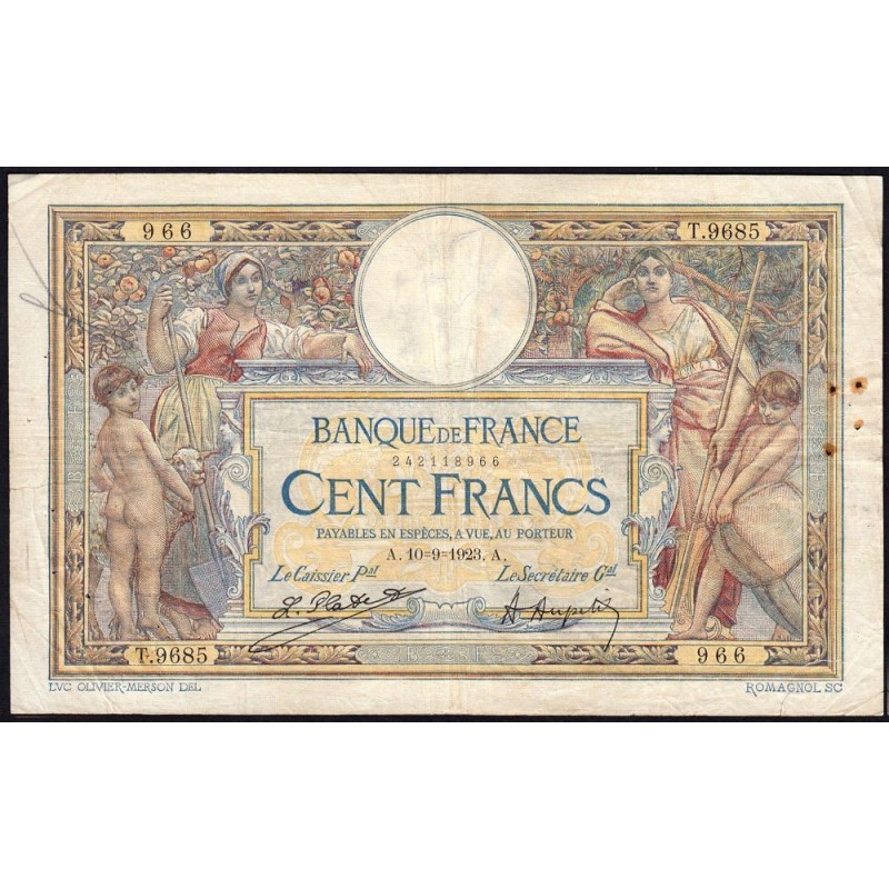 F 23-16 - 10/09/1923 - 100 francs - Merson sans LOM - Série T.9685 - Etat : B+