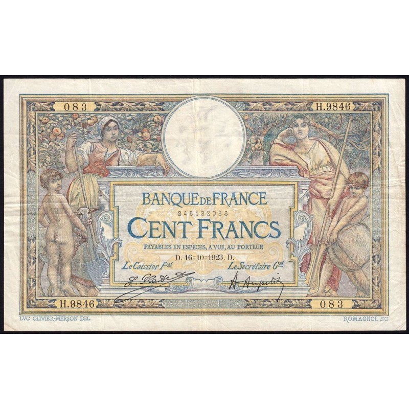 F 23-16 - 16/10/1923 - 100 francs - Merson sans LOM - Série H.9846 - Etat : TB+