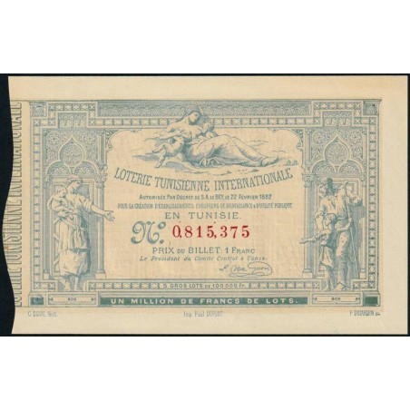 Tunisie - Billet de loterie - 1 franc - 22/02/1882 - Etat : SUP+