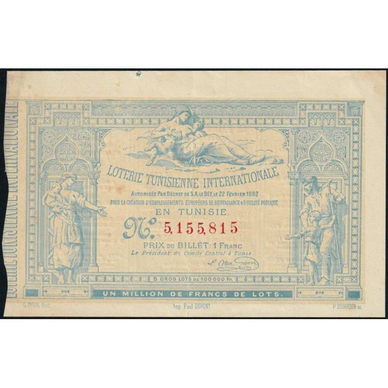 Tunisie - Billet de loterie - 1 franc - 22/02/1882 - Etat : SUP