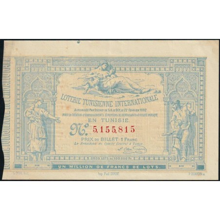 Tunisie - Billet de loterie - 1 franc - 22/02/1882 - Etat : SUP