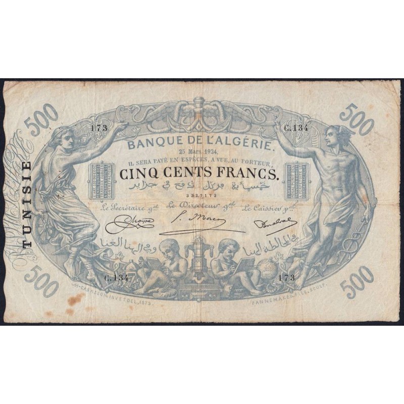 Tunisie - Pick 5b - 500 francs - Série C.134 - 25/03/1924 - Etat : TTB- à TTB