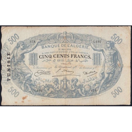 Tunisie - Pick 5b - 500 francs - Série C.134 - 25/03/1924 - Etat : TTB- à TTB