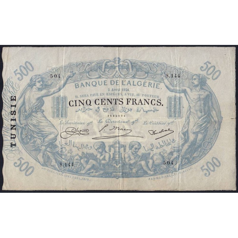 Tunisie - Pick 5b - 500 francs - Série S.144 - 05/04/1924 - Etat : TTB+