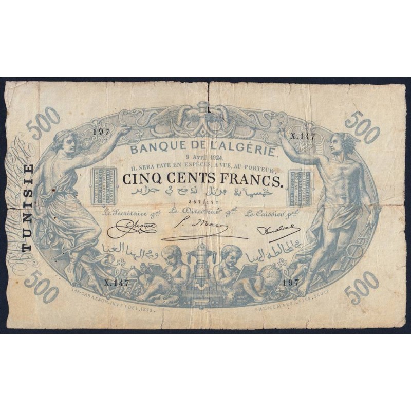Tunisie - Pick 5b - 500 francs - Série X.147 - 09/04/1924 - Etat : TB