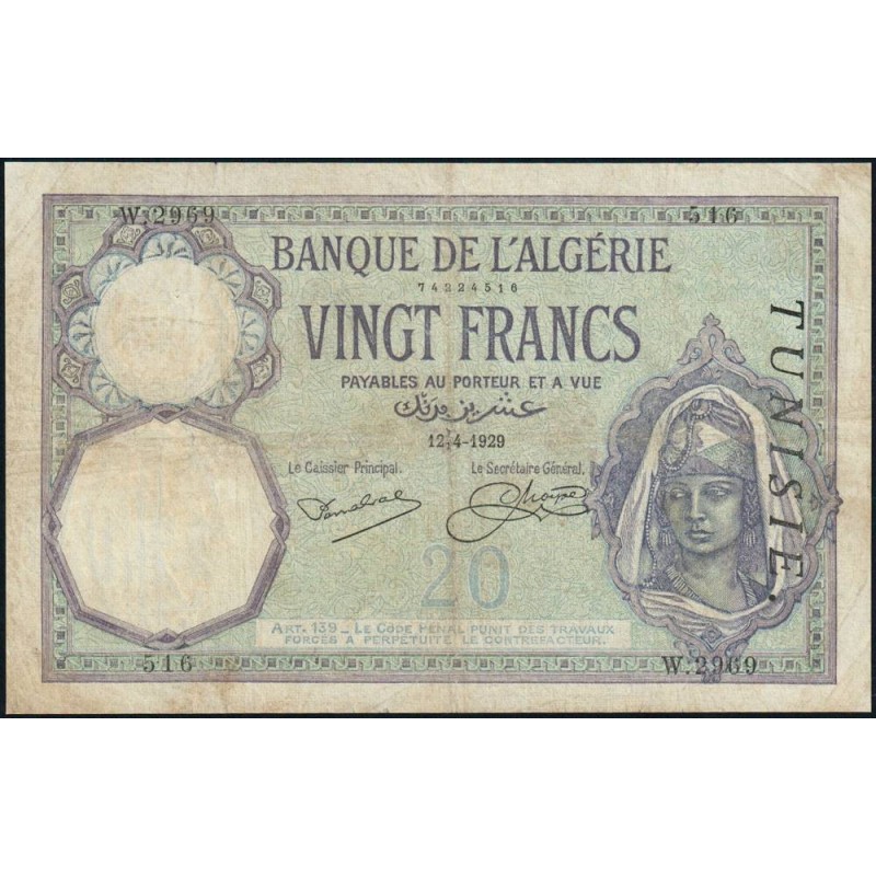 Tunisie - Pick 6b_1 - 20 francs - Série W.2969 (remplacement) - 12/04/1929 - Etat : TTB-
