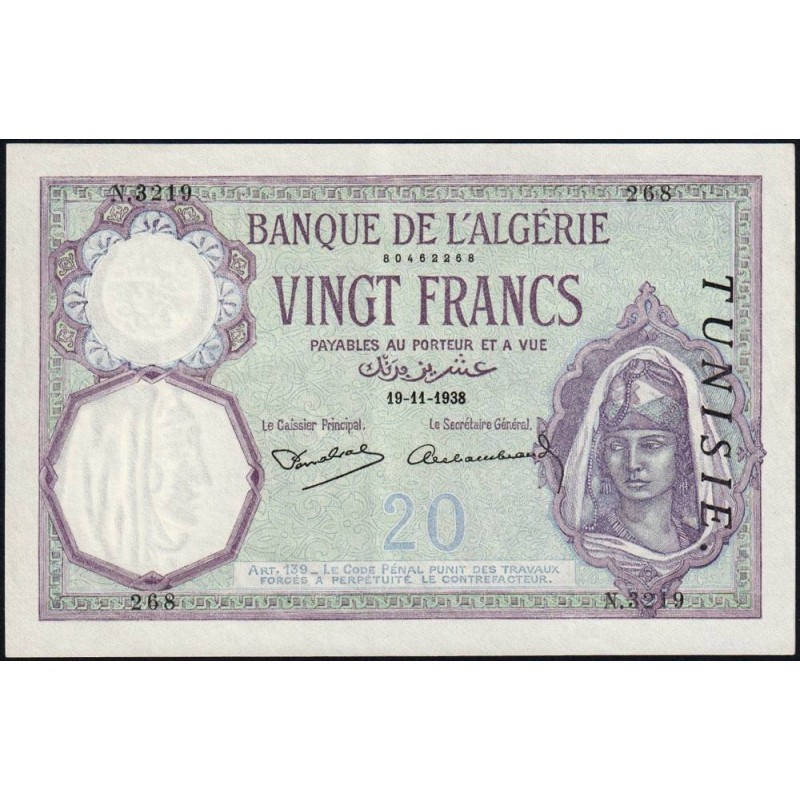 Tunisie - Pick 6b_2 - 20 francs - Série N.3219 - 19/11/1938 - Etat : SPL+