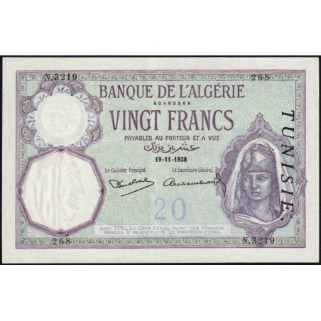 Tunisie - Pick 6b_2 - 20 francs - Série N.3219 - 19/11/1938 - Etat : SPL+