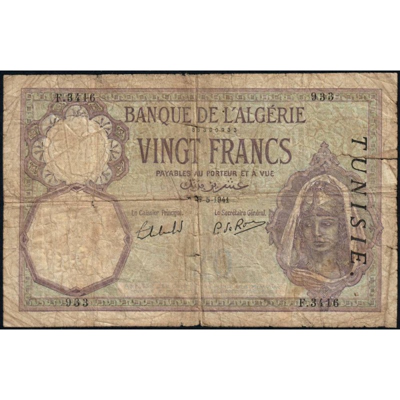 Tunisie - Pick 6b_3 - 20 francs - Série F.3416 - 07/05/1941 - Etat : B-