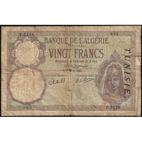 Tunisie - Pick 6b_3 - 20 francs - Série F.3416 - 07/05/1941 - Etat : B-