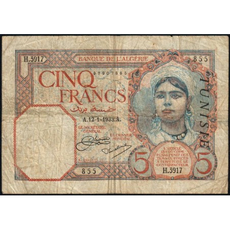 Tunisie - Pick 8a - 5 francs - Série H.3917 - 12/01/1933 - Etat : B+