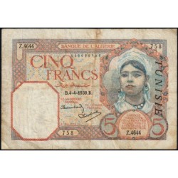 Tunisie - Pick 8b_1 - 5 francs - Série Z.4644 - 04/04/1939 - Etat : TB