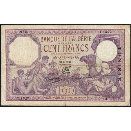 Tunisie - Pick 10c - 100 francs - Série T.1527 - 22/10/1936 - Etat : TB+