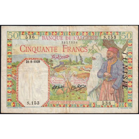 Tunisie - Pick 12a_2 - 50 francs - Série S.153 - 21/09/1939 - Etat : TTB