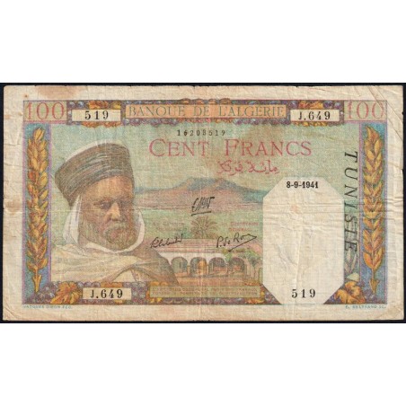 Tunisie - Pick 13a - 100 francs - Série J.649 - 08/09/1941 - Etat : TB-