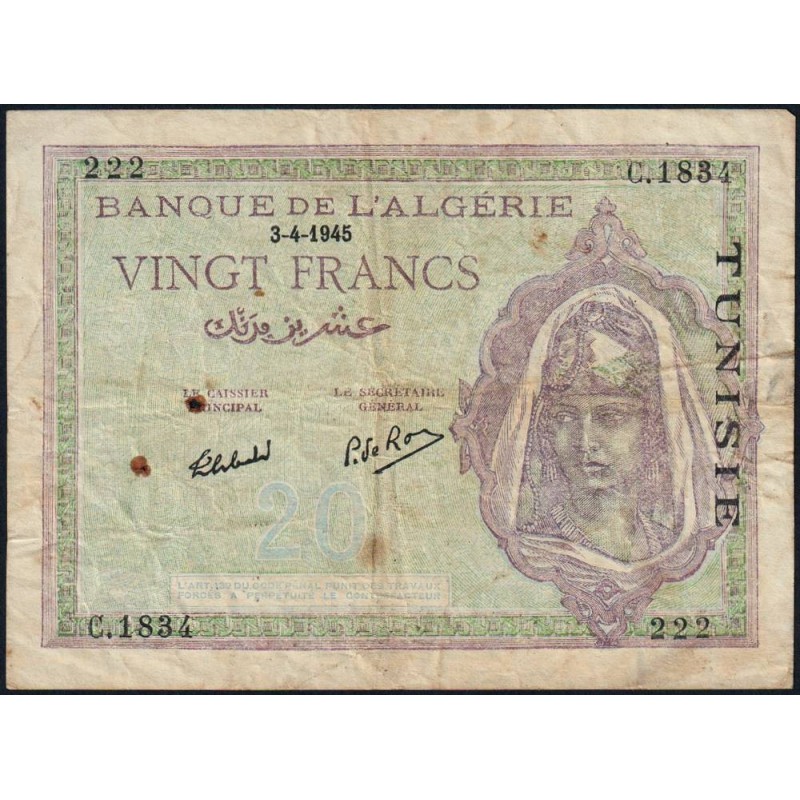 Tunisie - Pick 18 - 20 francs - Série C.1834 - 03/04/1945 - Etat : TB