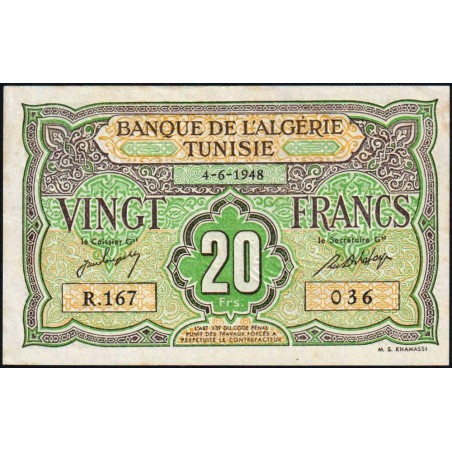 Tunisie - Pick 22_1 - 20 francs - Série R.167 - 04/06/1948 - Etat : SUP+