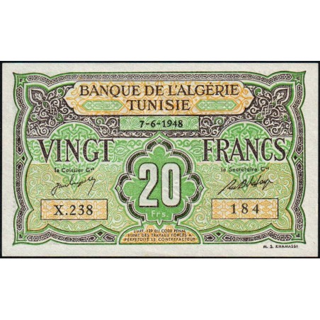 Tunisie - Pick 22_2 - 20 francs - Série X.238 - 07/06/1948 - Etat : pr.NEUF