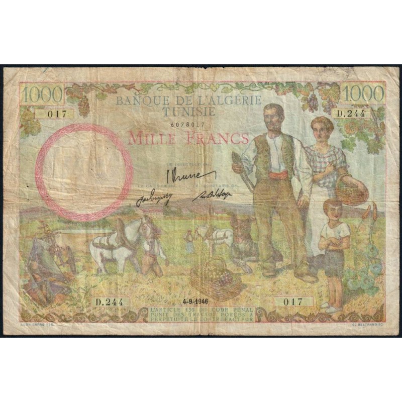 Tunisie - Pick 26 - 1'000 francs - Série D.244 - 04/09/1946 - Etat : TB-