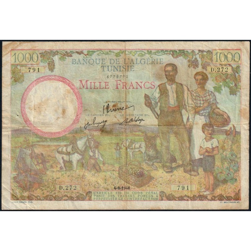 Tunisie - Pick 26 - 1'000 francs - Série D.272 - 04/09/1946 - Etat : TB-