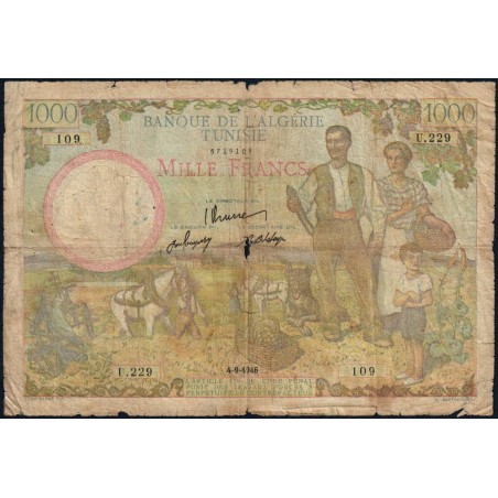 Tunisie - Pick 26 - 1'000 francs - Série U.229 - 04/09/1946 - Etat : B+