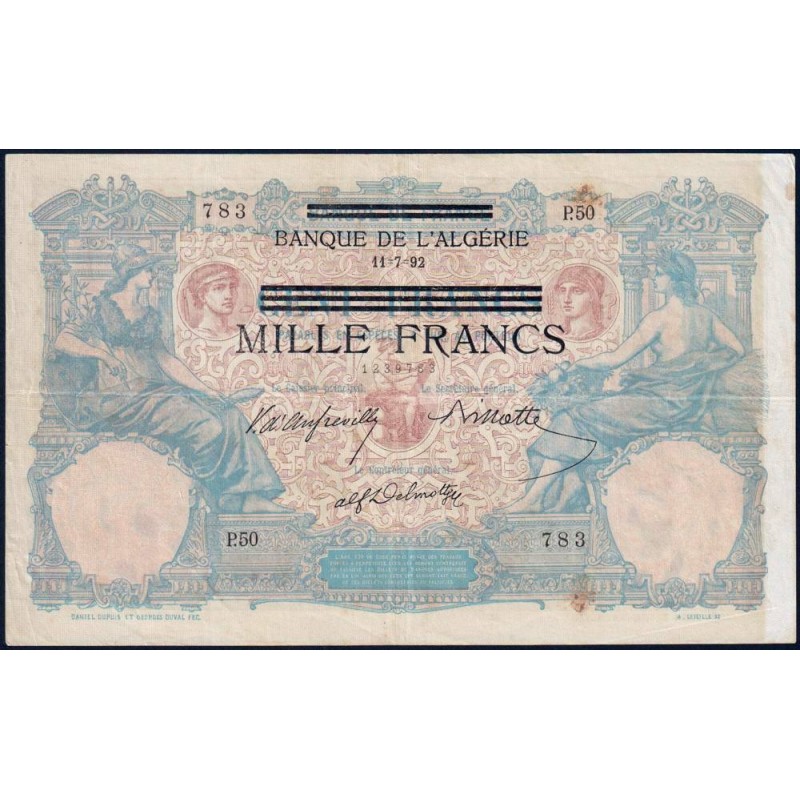 Tunisie - Pick 31 - 1'000 francs - Série P.50 - 11/07/1892 (1943) - Etat : TTB